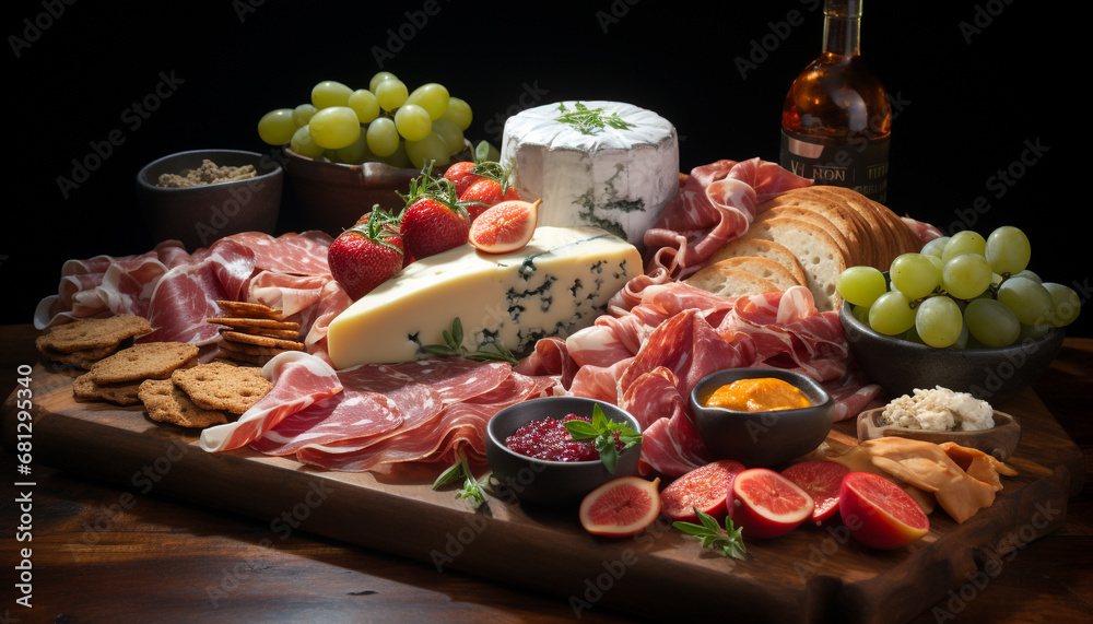 Gourmet meal prosciutto, salami, bread, wine, fruit, and cheese generated by AI