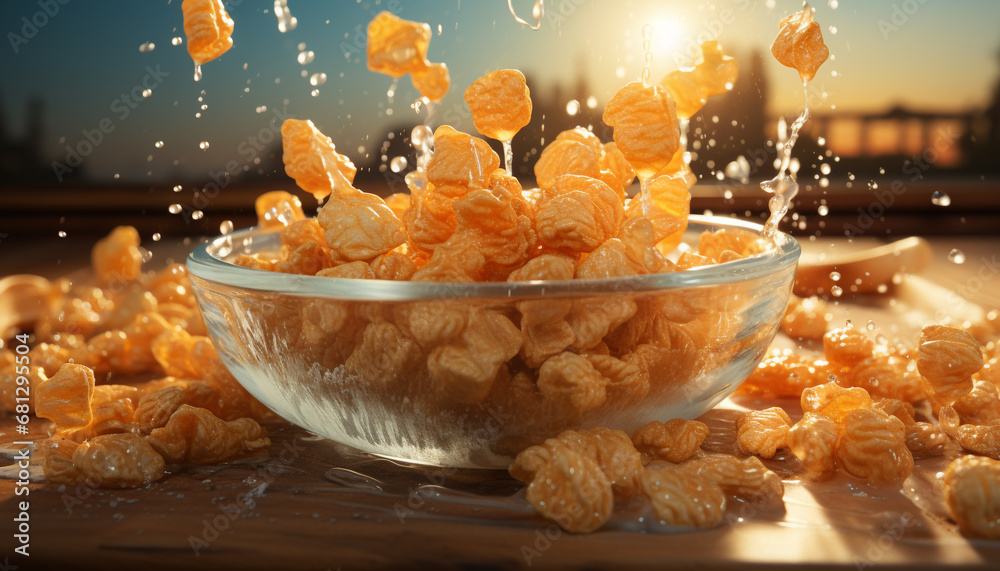 Fresh fruit bowl on wooden table, healthy and delicious snack generated by AI