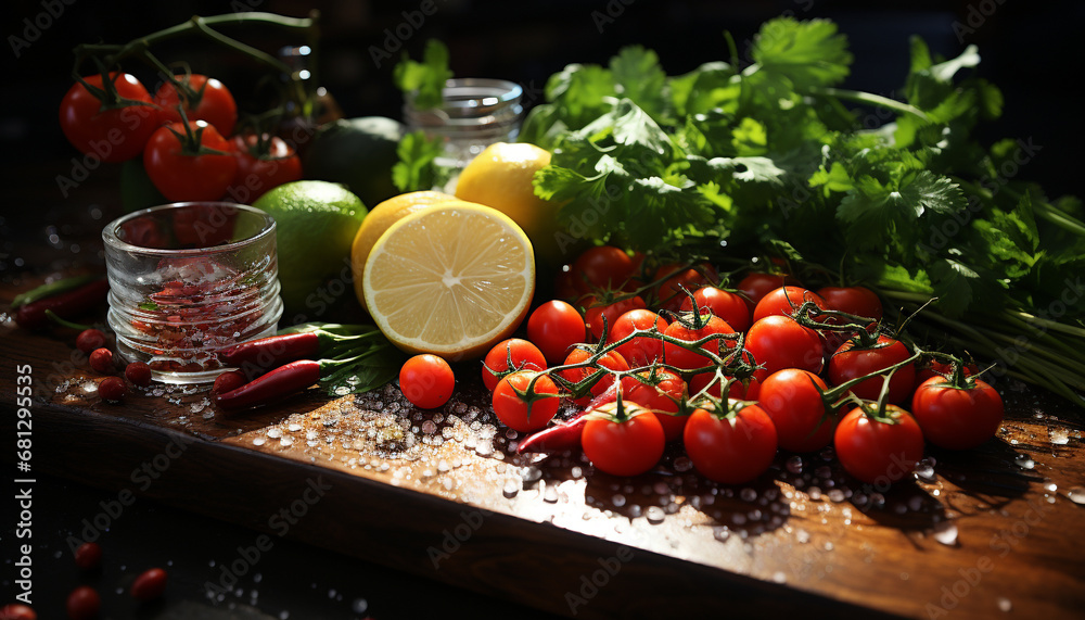 Fresh tomato slice on wooden table, healthy vegetarian salad generated by AI