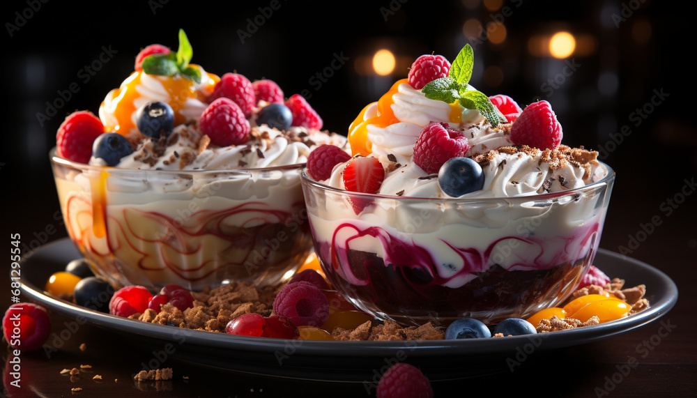 Homemade dessert yogurt parfait with fresh berries and chocolate generated by AI