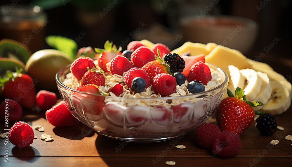 Fresh berry fruit salad on wooden table, healthy and delicious generated by AI