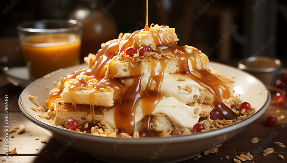 Freshness and indulgence on a wooden plate, ready to eat dessert generated by AI