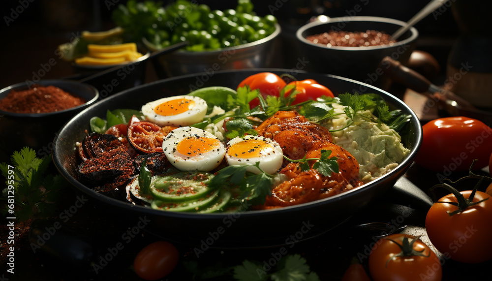 Freshness on plate grilled pork, fried bread, vegetarian salad generated by AI