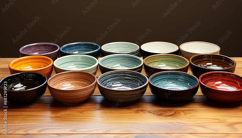 A colorful pottery bowl on a wooden table, close up generated by AI