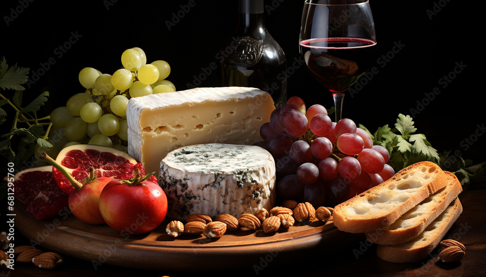 Gourmet meal wine, cheese, bread, fruit a delight generated by AI