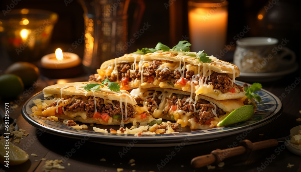 Grilled beef taco with tomato sauce, guacamole, and cilantro generated by AI