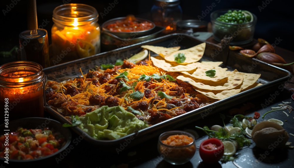 Grilled beef taco with guacamole, fresh tomato, and cilantro generated by AI