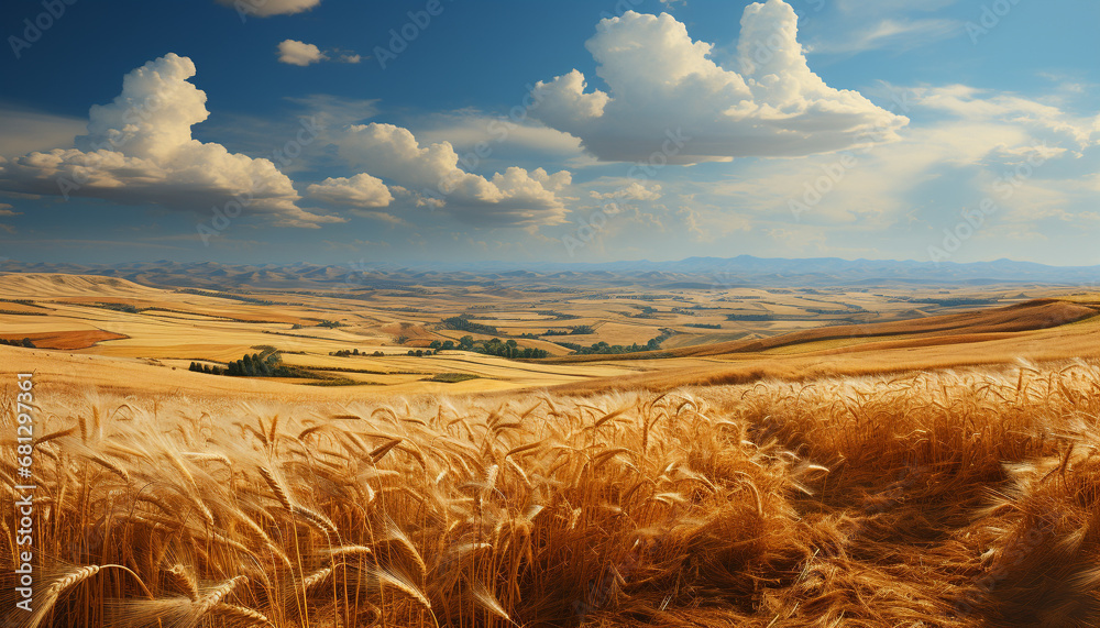 Tranquil meadow, rolling wheat, sunset paints nature beauty generated by AI