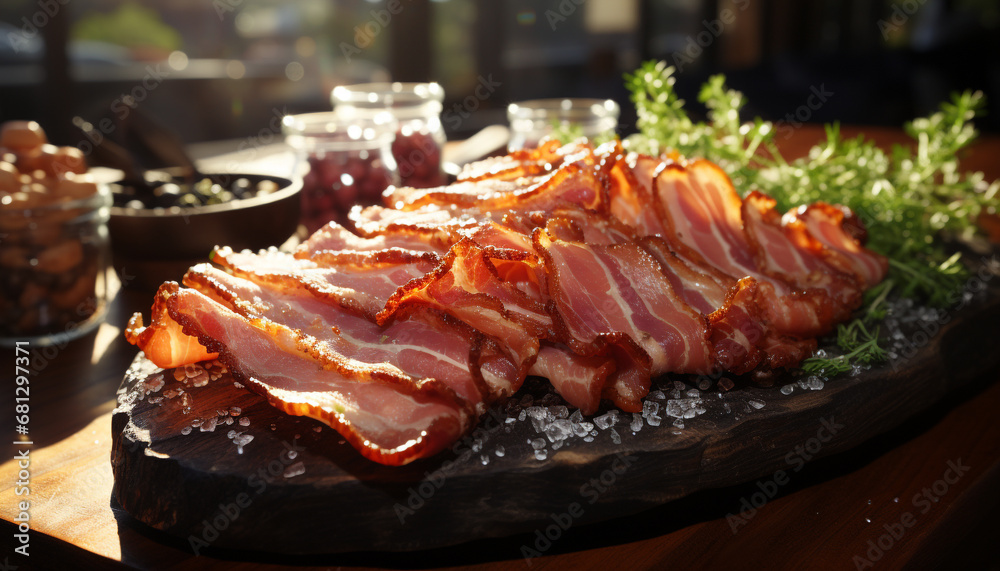 Grilled pork slice on rustic wooden plate, ready to eat generated by AI