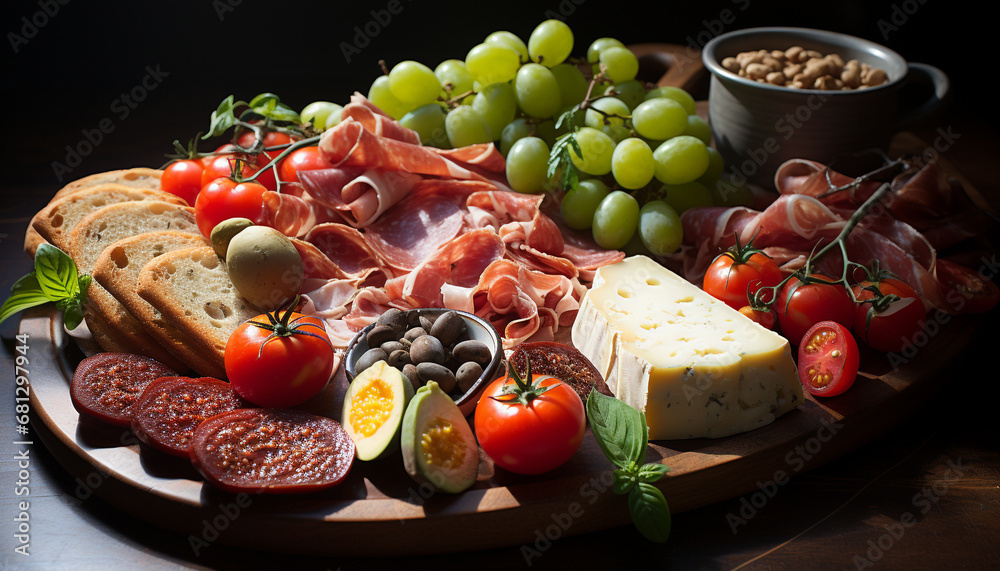 Freshness on a wooden table gourmet meat, tomato, and bread generated by AI