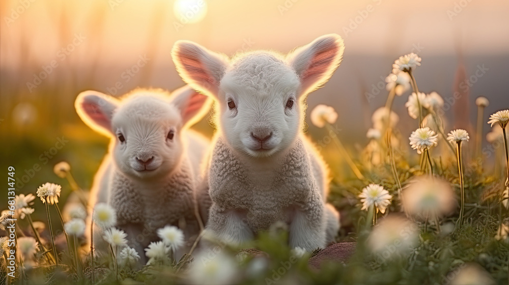  little lambs with sheep on fresh green meadow during sunrise Newborn lambs in flower field,  summer landscape