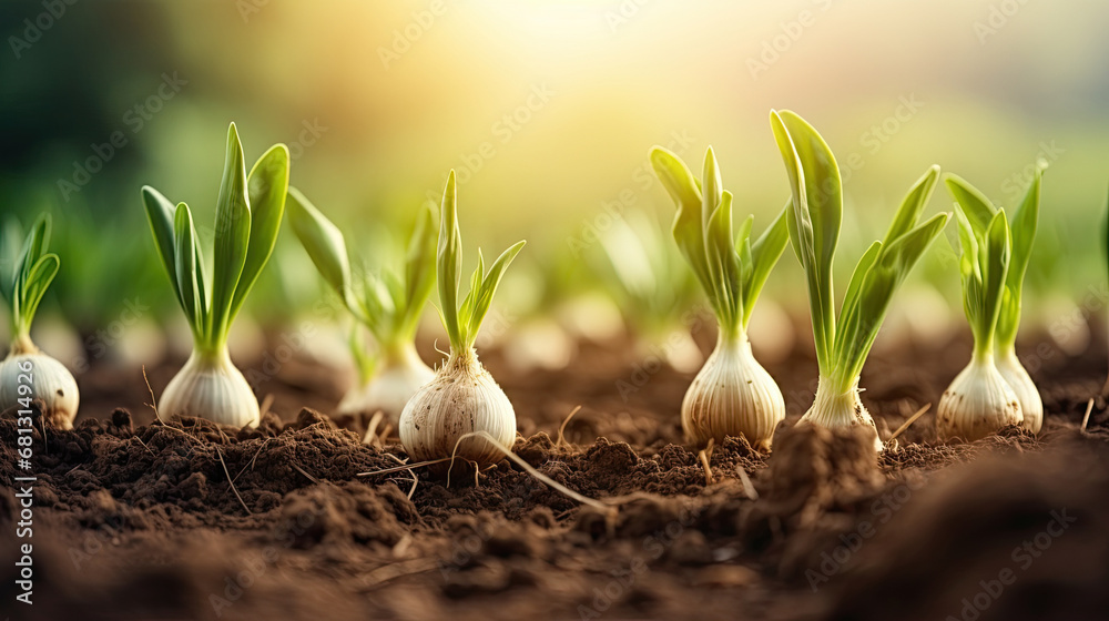 Cultivated garlic field, earth day concept, plant in the ground, green world, garlic and onion