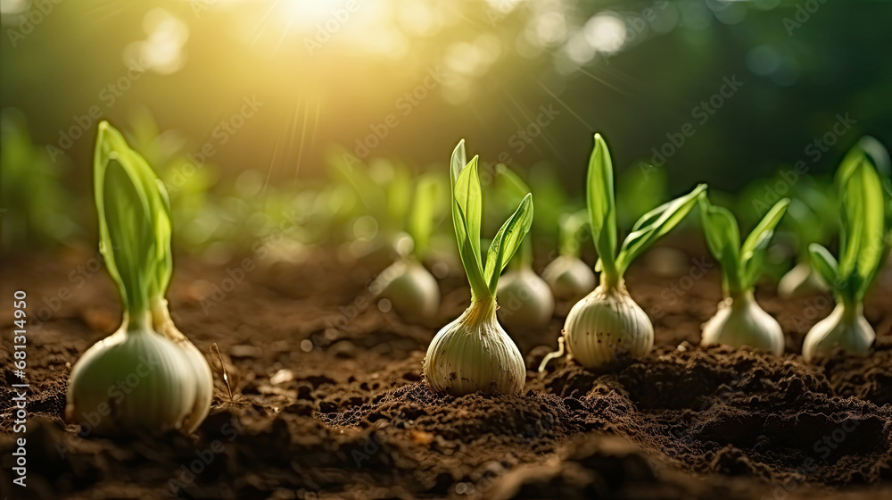 Cultivated garlic field, earth day concept, plant in the ground, green world, garlic and onion