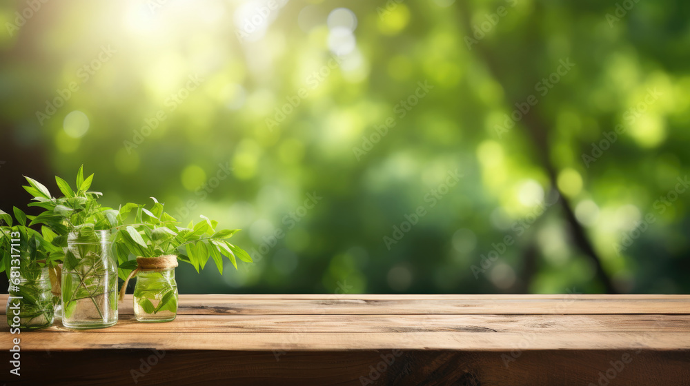 Empty wood plank table top with blur park green nature background bokeh light. Mock-up for display or montage of product.