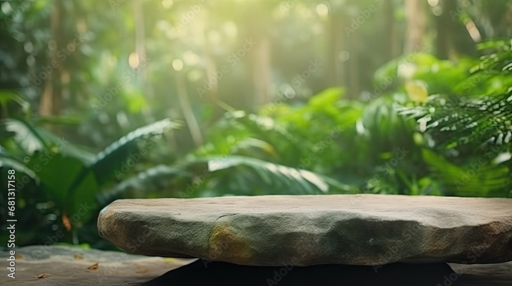 Natural stone and concrete podium in Natural green background for Empty show for packaging product presentation. Background for cosmetic products, the scene with green leaves. Mock up the pedestal.