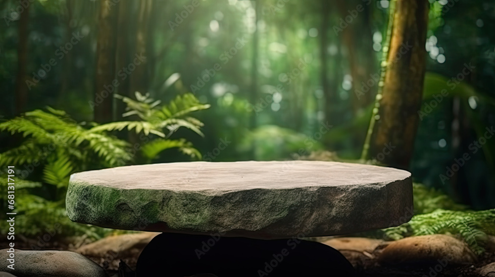 Natural stone and concrete podium in Natural green background for Empty show for packaging product presentation. Background for cosmetic products, the scene with green leaves. Mock up the pedestal.