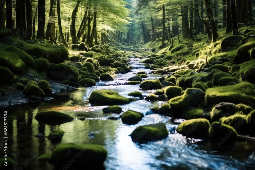 A peaceful stream flowing gently across a mossy forest floor.