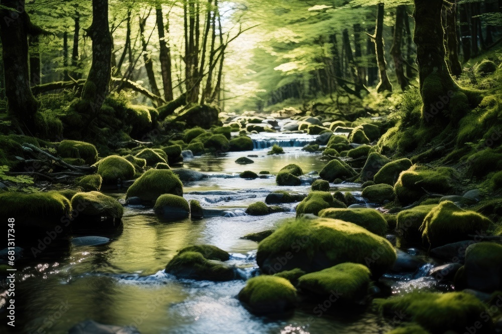 A peaceful stream flowing gently across a mossy forest floor.