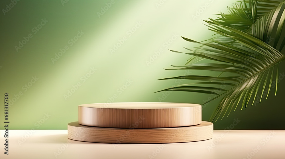 Natural wood podium with green palm leaf in white and greenmarble interior with sunlight and shadow. Showcase for cosmetic products, goods, shoes, bags, watches.