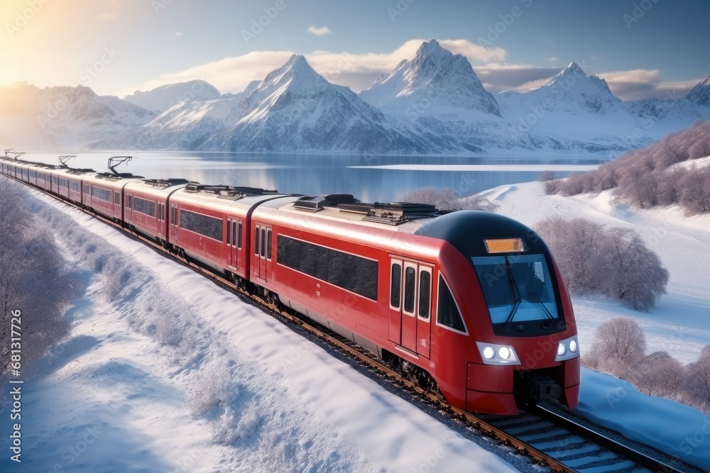 Red train traverses the magnificent snow-capped mountains, Aerial high view.