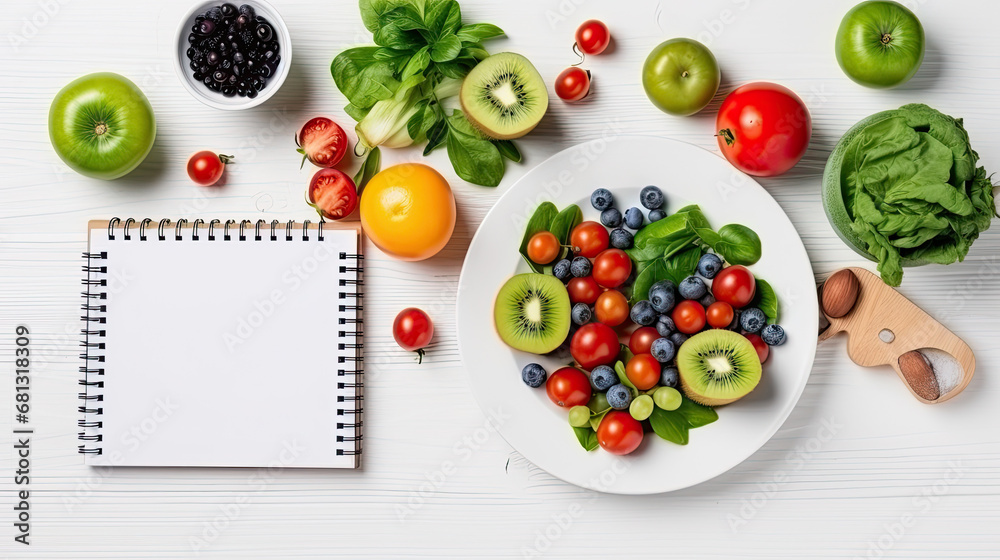 Healthy eating and sport plan for diabetes patients top view on white wooden table.