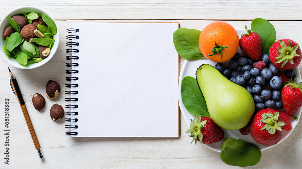 Healthy eating and sport plan for diabetes patients top view on white wooden table.