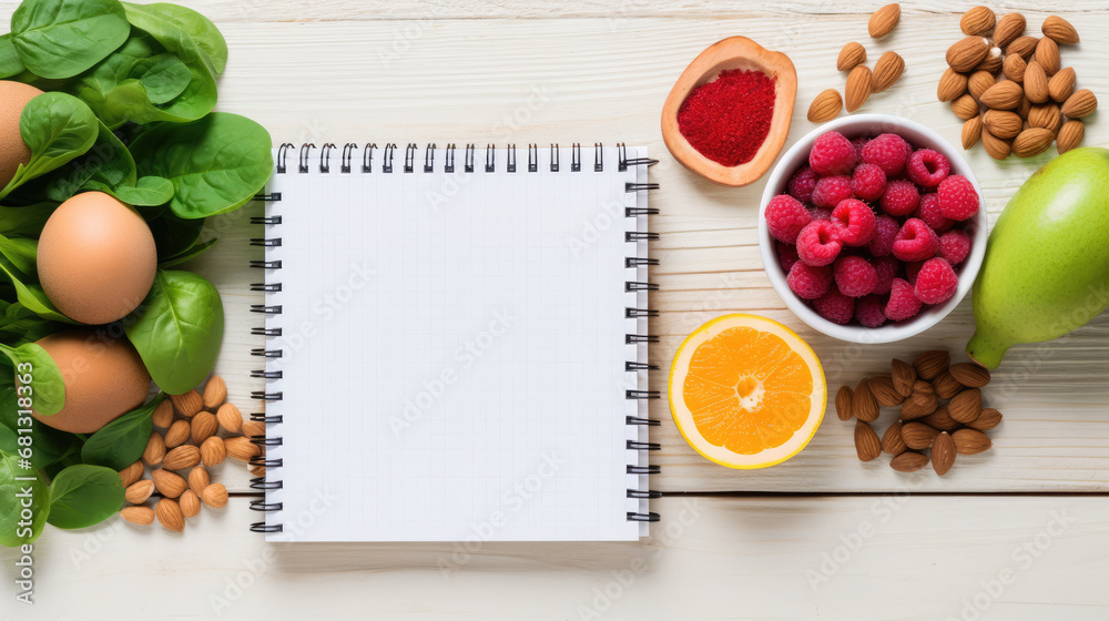 Healthy eating and sport plan for diabetes patients top view on white wooden table.