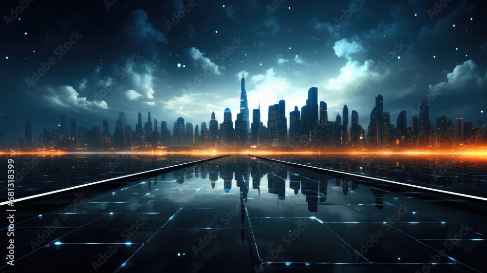 A night sky and city with pixels and dots in the style of grid-like structures.