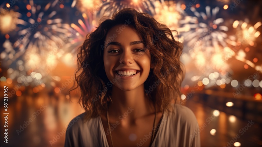 Front view of a smiling woman with fireworks in the background.