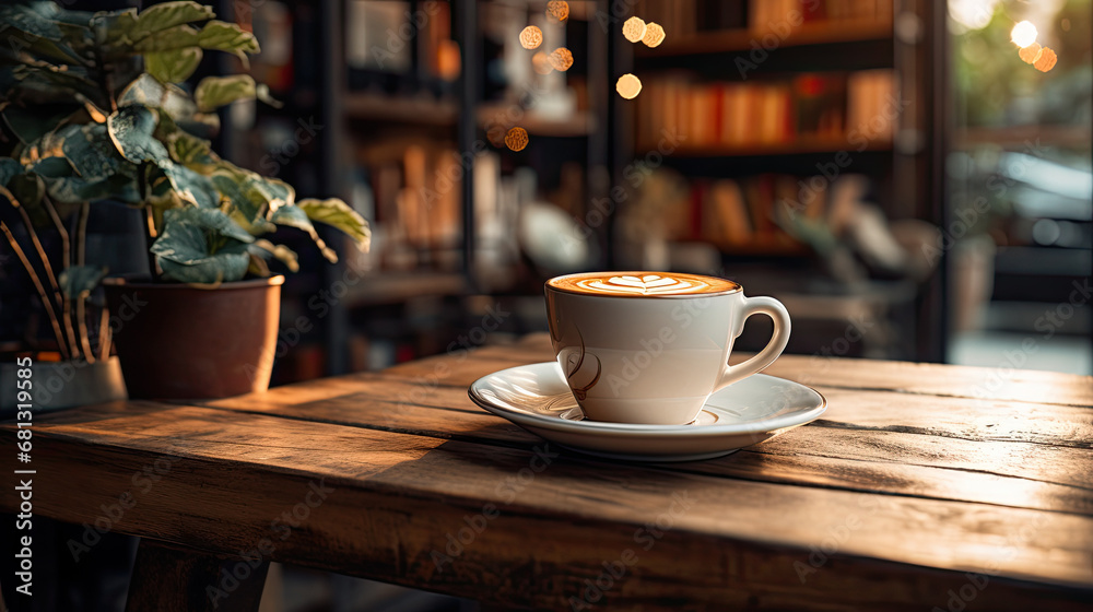 cup of coffee on the table, coffee shop, a cozy shelf and table setup, perfect for a cafe or restaurant decor. 