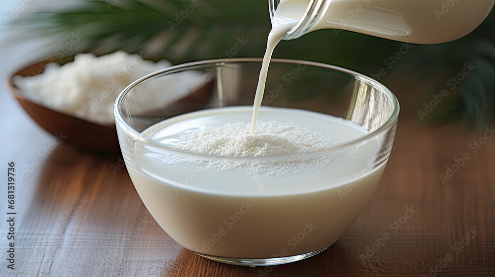 protein powder with milk, Glass of fresh milk and powdered milk or milk powder isolated on white background.