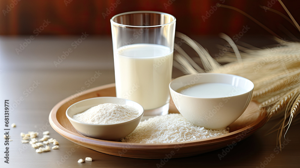 protein powder with milk, Glass of fresh milk and powdered milk or milk powder isolated on white background.