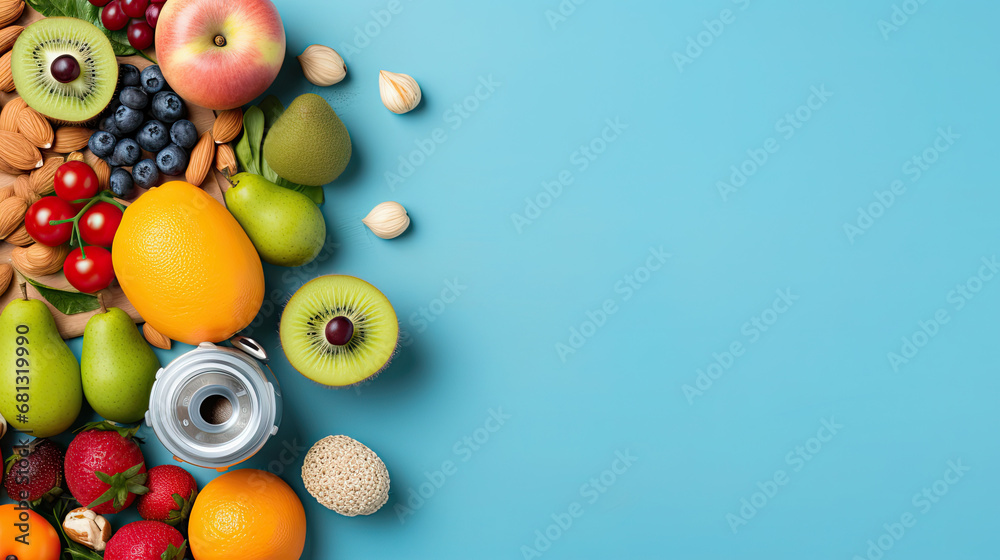 scales vegetables fruits nuts alarm clock dumbbells and tape measure on isolated blue background. top view. Proper nutrition concept