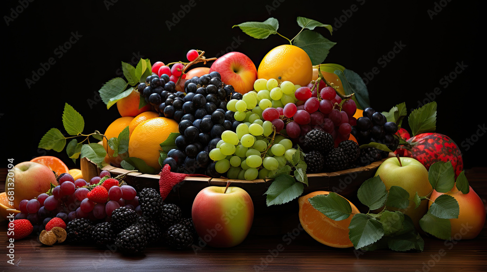 Ingredients fruit in a basket, multiple fruits in one table, fresh fruits.