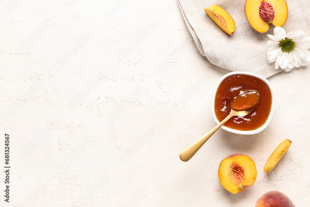 Composition with bowl of sweet peach jam and fresh fruits on light background