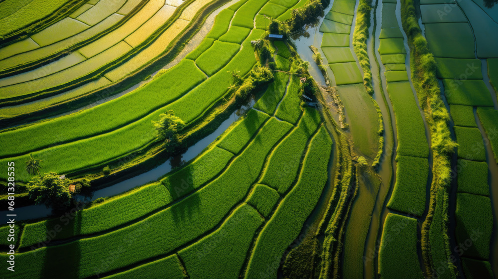 sunrise on paddy field, aerial view, top view, green natire background