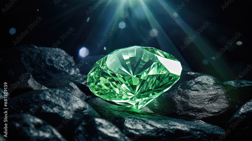 light green Diamond jewel on dark blue background. Beautiful light green gemstone sapphire on a dark background