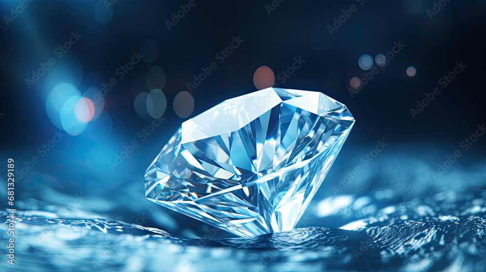 Diamond jewel on dark blue background. Beautiful blue gemstone sapphire on a dark blue background