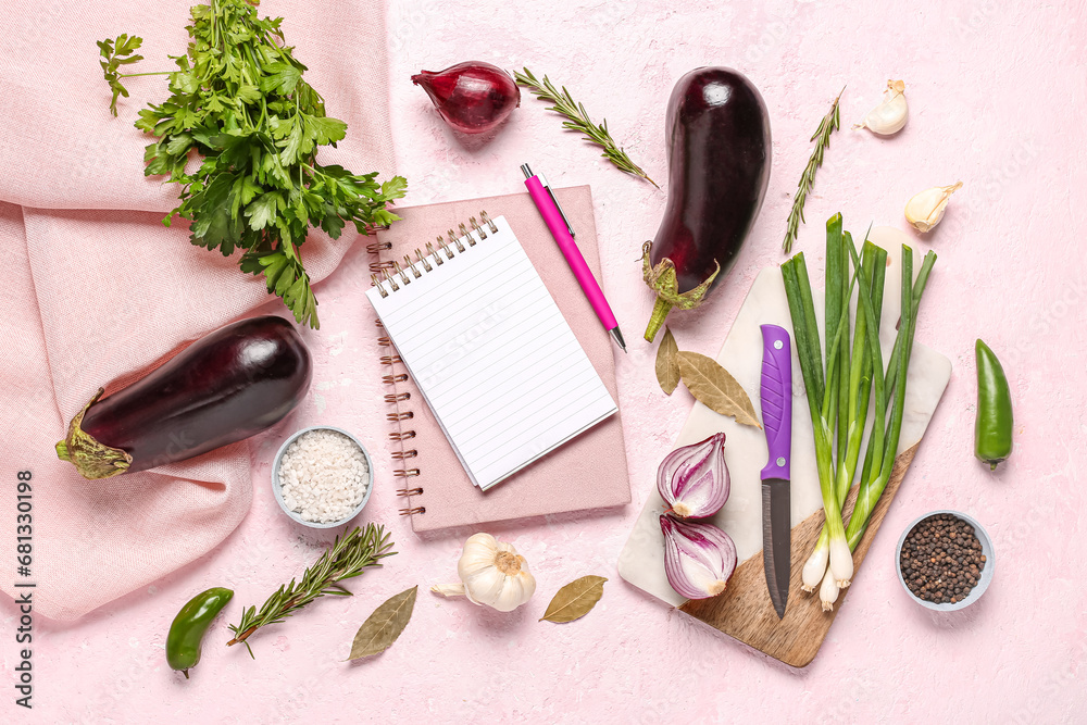 Composition with blank recipe book, and ingredients on color background