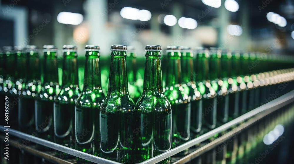 Green beer bottles on the production line, horizontal photo shows group of green beer bottles.factory background