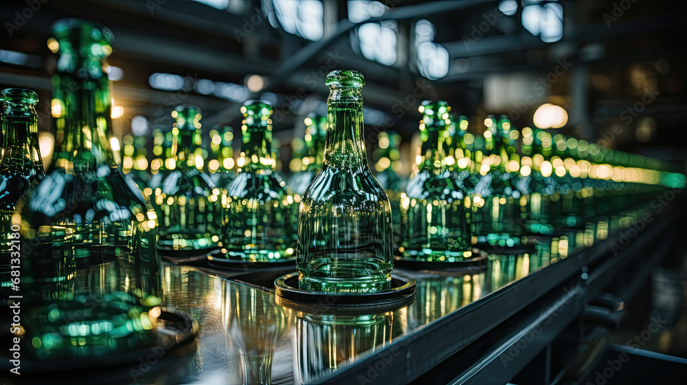 Green beer bottles on the production line, horizontal photo shows group of green beer bottles.factory background