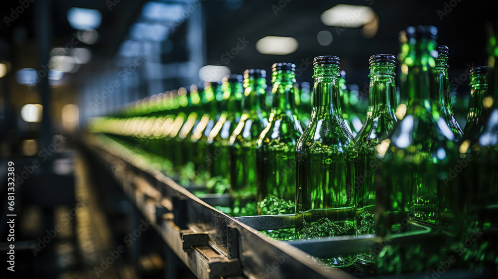 Green beer bottles on the production line, horizontal photo shows group of green beer bottles.factory background