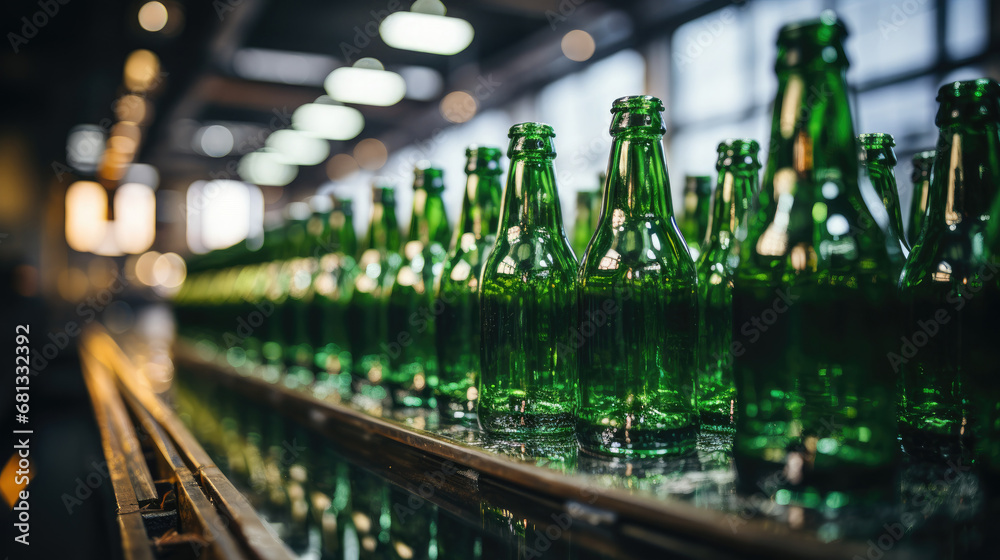 Green beer bottles on the production line, horizontal photo shows group of green beer bottles.factory background