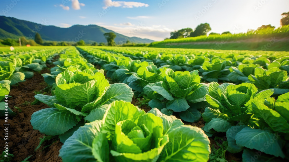 cabbage field in the summer, long rows of green beds with growing cabbage or lettuce in a large farmers field