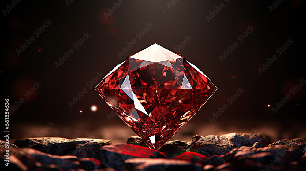 red Diamond jewel on dark red background. Beautiful light red gemstone sapphire on a dark background