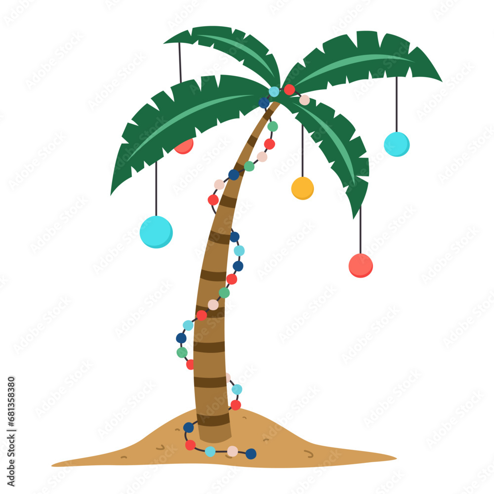 Tropical palm with Christmas decor on white background