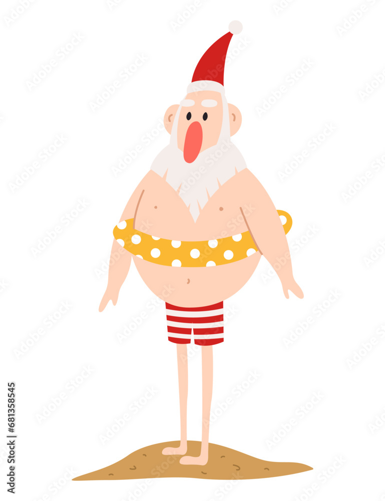 Funny Santa Claus with swimming ring on white background. Christmas vacation