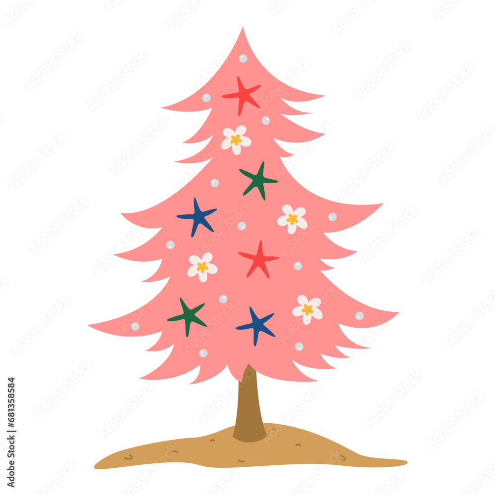 Creative pink Christmas tree with tropical decor on white background