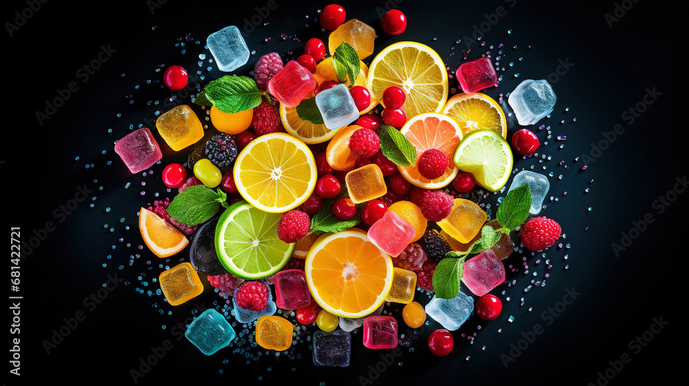 Top view on delicious multicolored candies on black rustic background. Generative AI