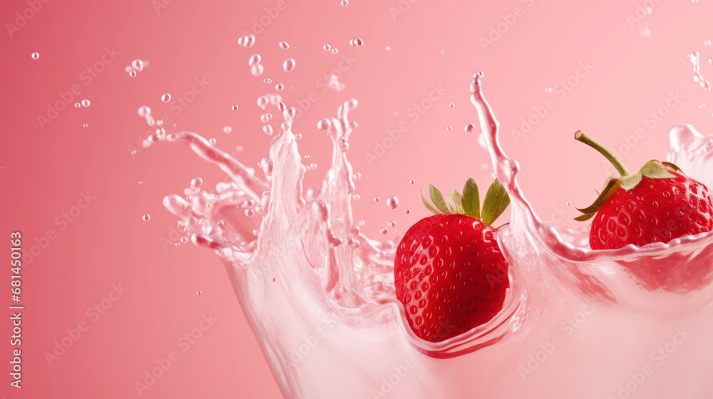 Milk splash with strawberries. Sweet dessert cream. Milkshake concept. Generative AI